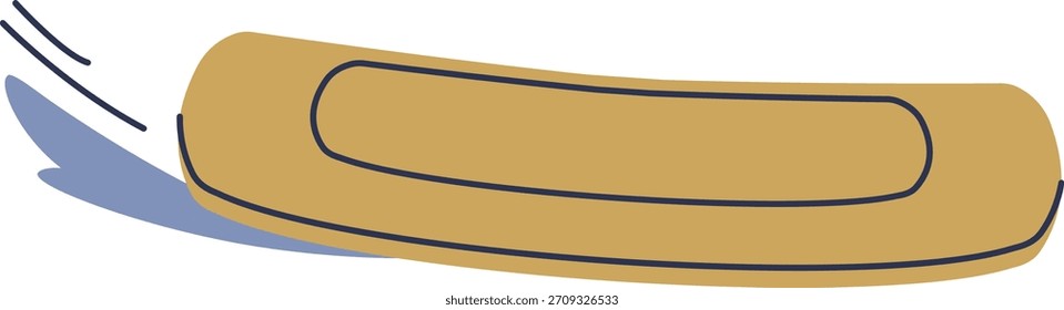 Balsa inflável desenhada em linha limpa com sombreamento plano e movimentos sutis. Barco fluvial delineado com contorno ousado e sombra suave na água. Ilustração de vetor de desenhos animados