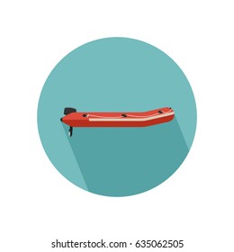 Inflatable red boat with long shadow. Vector flat icon of motor lifeboat.