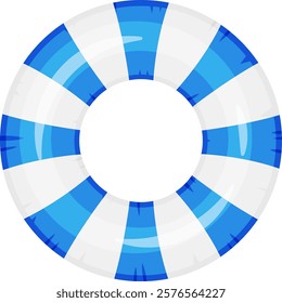 Inflatable ring featuring blue and white stripes, floating gracefully on water, offering both safety and enjoyment during summer activities and leisurely days by the pool or beach