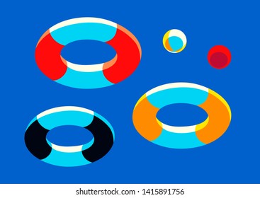 Inflatable ring lifebuoys and balls collection. Summer holiday bright vector illustration.