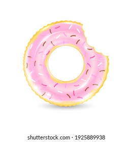 Inflatable ring looking like donut isolated on white background. Realistic colorful rubber swimming buoy. Vector illustration of top view at pool floater in glazed doughnut shape, beach toy