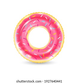 Inflatable ring looking like donut isolated on white background. Realistic colorful rubber swimming buoy. Vector illustration of top view at pool floater in glazed doughnut shape, beach toy