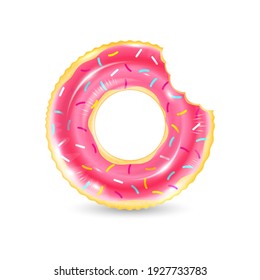 Inflatable Ring Looking Like Donut Isolated On White Background. Realistic Colorful Rubber Swimming Buoy. Vector Illustration Of Top View At Pool Floater In Glazed Doughnut Shape, Beach Toy