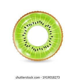 Anillo inflable que parece kiwi aislado de fondo blanco. Boya de natación de caucho de color realista. Ilustración vectorial de la vista superior del flotador de piscina en forma de fruta, juguete de playa