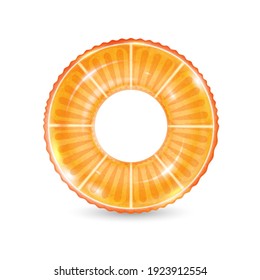 Inflatable ring looking like orange isolated on white background. Realistic colorful rubber swimming buoy. Vector illustration of top view at pool floater in fruit shape, beach toy