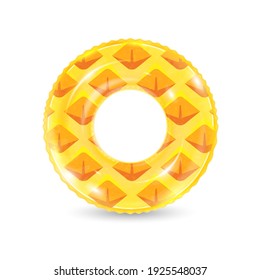 Inflatable ring looking like pineapple isolated on white background. Realistic colorful rubber swimming buoy. Vector illustration of top view at pool floater in fruit shape, beach toy