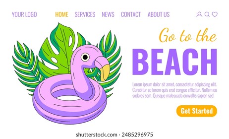 Inflatable ring in the shape of a flamingo surrounded by tropical leaves. Summer beach elements and accessories. Creative landing page vector template for website, web, online, banner, travel agency