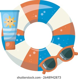 Inflatable ring, sun cream and sunglasses