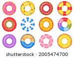 Inflatable ring. Swimming pool circle toys. Donut, rainbow, watermelon, beach life buoy. Summer floating swim rings top view vector set. Round object for rest or relax on sea water