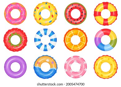 Inflatable ring. Swimming pool circle toys. Donut, rainbow, watermelon, beach life buoy. Summer floating swim rings top view vector set. Round object for rest or relax on sea water