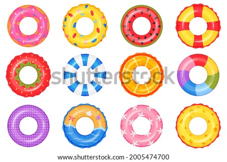 Inflatable ring. Swimming pool circle toys. Donut, rainbow, watermelon, beach life buoy. Summer floating swim rings top view vector set. Round object for rest or relax on sea water Foto stock © 