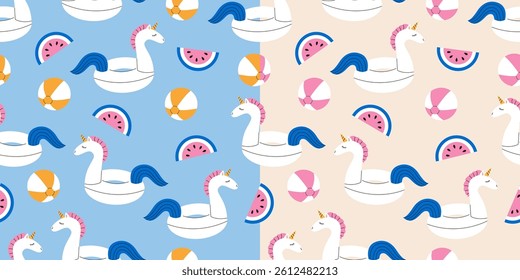 Inflatable ring unicorn and pool toys seamless pattern set. Summer pattern design. Flat vector illustration.