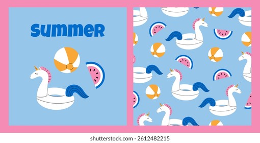 Inflatable ring unicorn and pool toys seamless pattern. Summer colorful pattern design. Flat vector illustration.