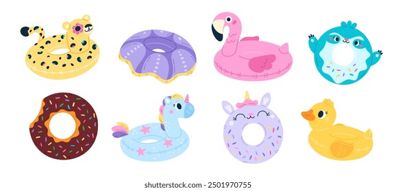 Inflatable rings. Funny floating pool toys. Summer rubber circles. Swimming accessories. Beach vacation. Leopard and duckling shapes. Lifebuoy unicorn. Children buoy