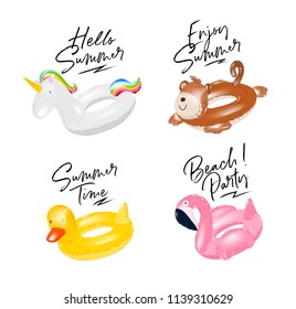 Inflatable rings illustrated unicorn, monkey, duck, flamingo with lettering drawing in cute cartoon style on white background