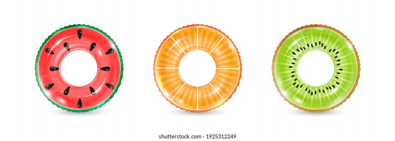 Inflatable rings looking like kiwi, orange and watermelon isolated on white background. Realistic colorful rubber swimming buoy. Vector illustration of top view at pool floater in fruit shape