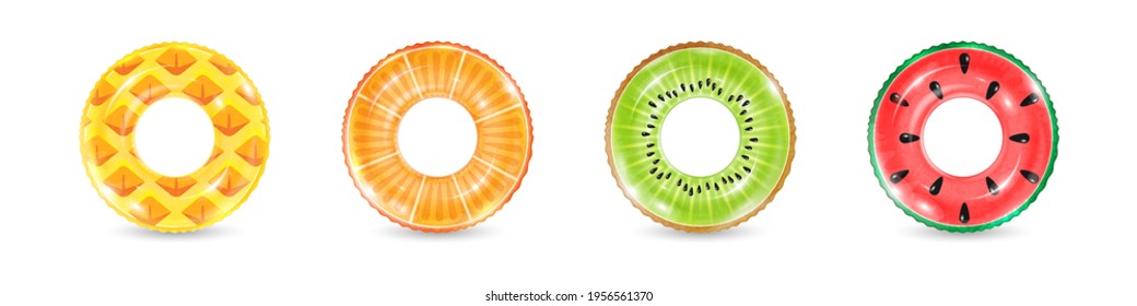 Inflatable rings looking like kiwi, orange, pineapple and watermelon isolated on white background. Realistic colorful rubber swimming buoy. Vector illustration of pool floater in fruit shape.
