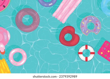 Inflatable rings and mattresses in swimming pool, top view