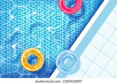 Inflatable rings on the pool water. Summer time concept. 3D Realistic Illustration