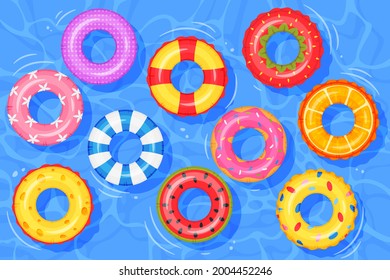 Inflatable rings on water. Top view swimming pool with floating rubber kids toys. Colorful swim ring, life buoy vector illustration. Accessory for holiday or vacation for child or kid