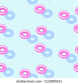 Inflatable rings in pool blue water seamless vector pattern. Summer lazy relax floating hoops on water surface.