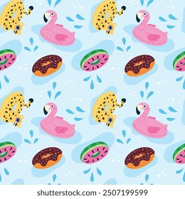 Inflatable rings seamless pattern. Swim pool toys on water. Rubber leopards, flamingos or donuts. Summertime vacation. Repeated print. Swimming inflated watermelon