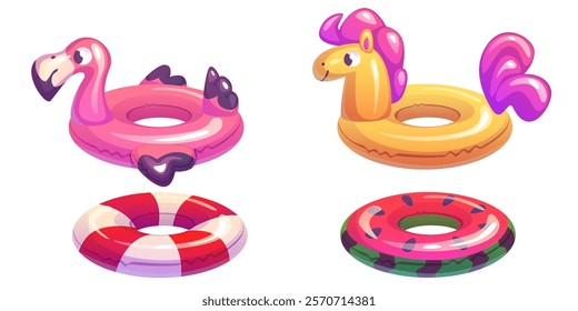 Inflatable rings set isolated on white. Vector cartoon illustration of inflated rubber toys for swimming pool or summer beach, pink flamingo, yellow pony, watermelon shape and striped life ring