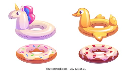 Inflatable rings set isolated on white. Vector cartoon illustration of inflated rubber toys for swimming pool or summer beach, color unicorn, yellow duck, sweet donut shape lifebuoy, kids accessories