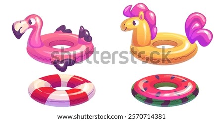 Inflatable rings set isolated on white. Vector cartoon illustration of inflated rubber toys for swimming pool or summer beach, pink flamingo, yellow pony, watermelon shape and striped life ring