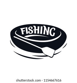Inflatable rowing boat with paddle. Black and white icon. Vector illustration. Fishing time symbol.
