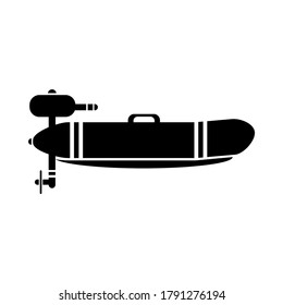 Inflatable rubber boat icon. Boat with machine illustration in black and white
