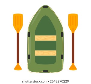 Barco inflável de borracha e remos. Transporte de água, barco de pesca, viagens, rafting esportes aquáticos extremos, hobbies. Ilustração de vetor plano desenhada à mão isolada no fundo branco