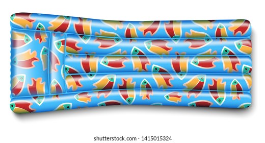 Inflatable rubber mattress of blue color with a pattern from sea inhabitants. For beach rest and relaxation on the water. In the style of realistic. Isolated on white background. Vector.