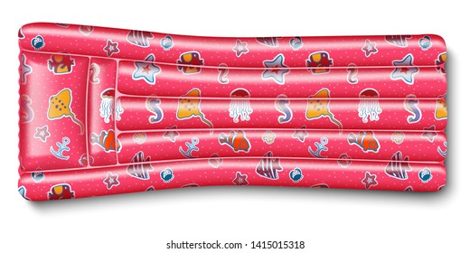 Inflatable rubber mattress pink color with a pattern of marine life. For beach rest and relaxation on the water. In the style of realistic. Isolated on white background. Vector.