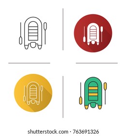 Inflatable rubber motor boat icon. Flat design, linear and color styles. Dinghy with paddles. Isolated vector illustrations