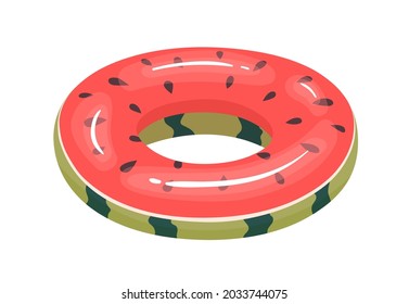 Inflatable rubber ring of fruit shape. Childish summer glossy toy for swimming and fun in water. Watermelon lifesaver for pool. Colored flat cartoon vector illustration isolated on white background