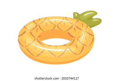 Inflatable rubber ring in shape of fruit. Childish summer glossy toy for swimming in water, pool and sea. Pineapple life saver. Colored flat vector illustration isolated on white background