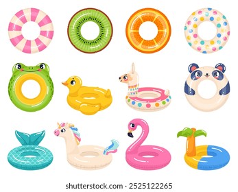 Inflatable rubber rings. Cartoon swimming toys, kids summer pool vacation accessories, children water safety, funny frog, duckling and panda, pink flamingo, kiwi and orange, vector isolated set