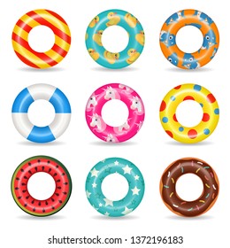 Anillos de caucho inflables con unicornio, tiburón bebé, punto, patrón cardíaco. Iconos realistas de juguete de goma de color Swim ring. Verano, agua, temática playera. flotantes, vectorial plano de boyas colocado sobre fondo blanco