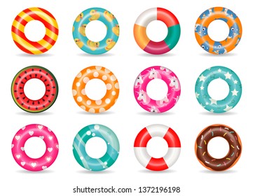 Inflatable rubber rings set with unicorn, baby shark, heart pattern. Swim ring colorful rubber toy realistic icons. Summer, water and beach theme. floats, buoy flat vector on white background