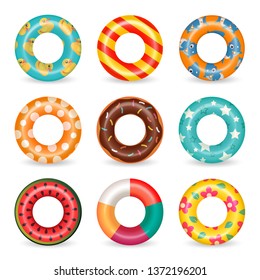 Inflatable rubber rings set with unicorn, baby shark, flower, heart pattern. Swim ring colorful rubber toy realistic icons. Summer, water, beach theme. floats, buoy flat vector set on white background