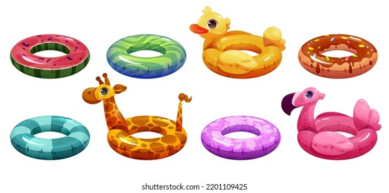 Inflatable rubber rings for swim in pool or sea. Colorful circle float rings in shape of pink flamingo, duck, giraffe, donut and watermelon isolated on white background, vector cartoon set