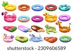 Inflatable rubber swim pool ring cartoon vector. Isolated float beach lifesaver accessory illustration. Duck, watermelon, unicorn and flamingo pattern lifebuoy for kid icon on white background.