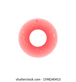 Inflatable rubber swimming ring or glossy toy in a shape of pink donut cartoon vector illustration isolated on white background. Water lifesaving accessory for pool.
