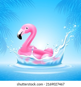 Inflatable rubber swimming ring in pink flamingo shape, with water splash on the blue sea and sky background. Fun accessory for leisure at the pool, sea, on the beach. Realistic vector illustration.