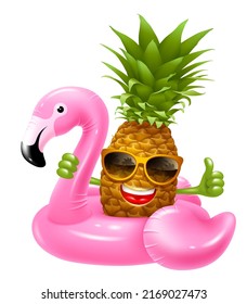 Inflatable rubber swimming ring in pink flamingo shape. Fun character pineapple in the sunglasses swim on the flamingo, smiling and shows thumbs up. Realistic vector illustration.