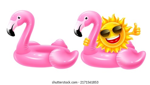 Anillo inflable de natación de caucho en forma de flamingo rosa. Conjunto de flamencos uno y con un divertido sol de carácter en las gafas de sol, que nadan en el flamingo y sonriente. Ilustración vectorial realista