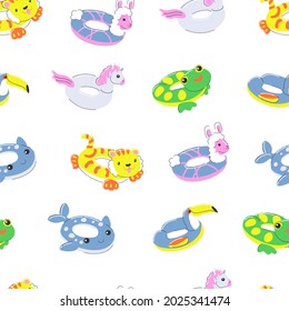 inflatable rubber swimming ring seamless pattern. 
summer water beach toy. circle in form of a frog, unicorn, alpaca, llama, tiger, toucan and whale. stock vector illustration in cartoon flat style.