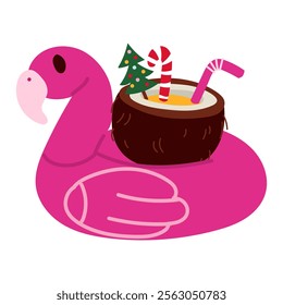 Inflatable rubber swimming ring in the shape of a pink flamingo. Inside, the coconut cocktail is decorated with a caramel stick, a straw and a Christmas and New Year tree. Tropical winter holidays