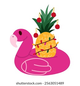 Inflatable rubber swimming ring in the shape of a pink flamingo. Inside, the pineapple is decorated with a garland and Christmas Tree decorations for Christmas and New Year. Tropical winter holidays